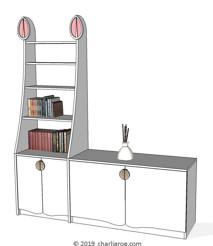 new CR Mackintosh green lacquered painted finish freestanding display cabinet bookcase and matching sideboard with applied heart shaped carvings