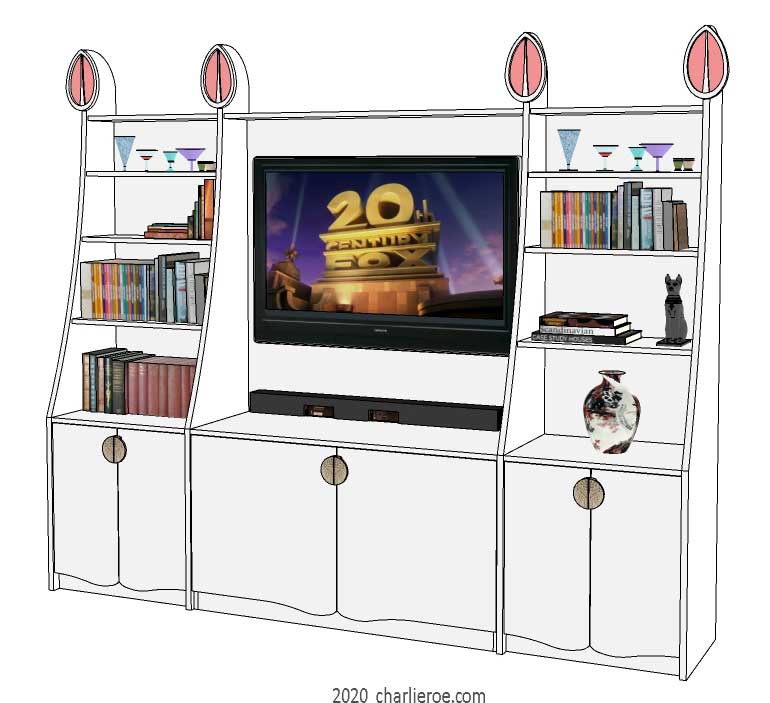 new CR Mackintosh white painted 3 bay 6 door media unit with elongated verticals and carved finials