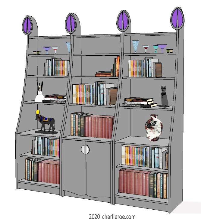 new CR Mackintosh style painted lacquered freestanding triple bay bookcase or display unit or library with elongated vertical finials