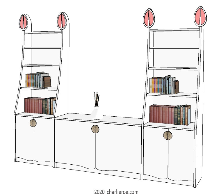 new CR Mackintosh white painted 3 bay 6 door media unit with elongated verticals and carved finials