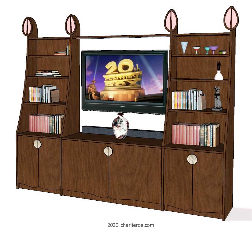 new CR Mackintosh wood finish 3 bay 6 door media unit with elongated verticals and carved finials and an open back