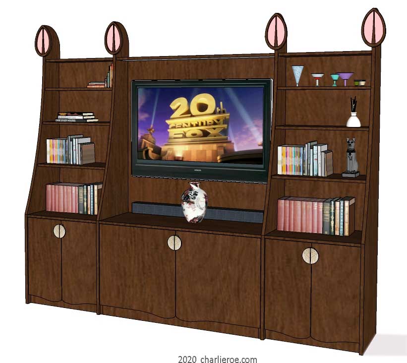 new CR Mackintosh wood finish 3 bay 6 door media unit with elongated verticals and carved finials with a panelled back