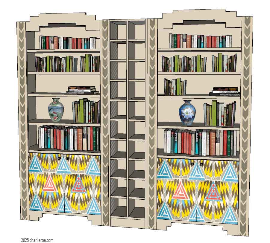 New Charles Rennie CR Mackintosh Derngate style ornate decorative painted 4 door bookcases display unit