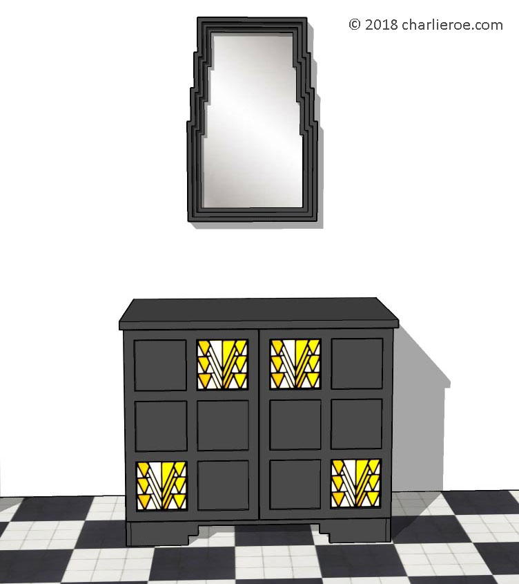 Charles Rennie CR Mackintosh painted black Derngate style sideboard with stained glass panels & wall mirror