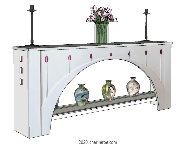 New Charles Rennie CR Mackintosh style white painted sideboard based on the piano from the House for an Art Lover, painted lacquered white with coloured glass inserts