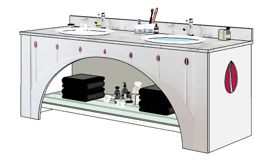 New Charles Rennie CR Mackintosh style white painted bathroom vanity unit based on the piano from the House for an Art Lover, painted lacquered white with coloured glass inserts