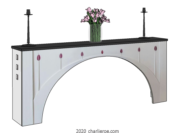 New CR Mackintosh freestanding home office desk, based on the piano from the House for an Art Lover, painted lacquered white with a black top and with coloured glass inserts and Mackintosh high back chair