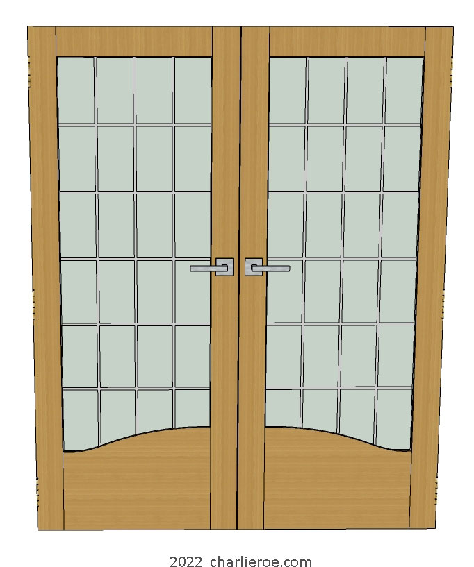 New Charles Rennie CR Mackintosh painted lacquered stained oak wood interior  French double doors with stained leaded glass panels