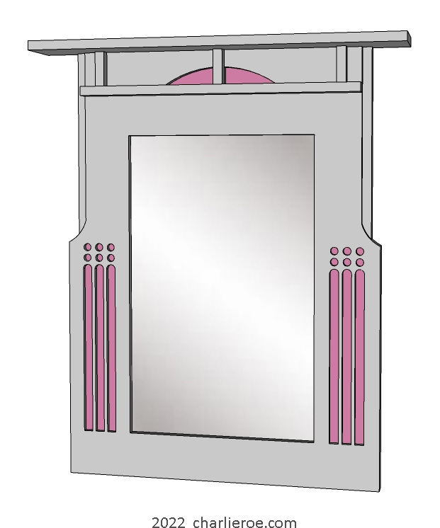 New Charles Rennie CR Mackintosh grey painted lacquered wooden wall mirror with pink details inspired by Queens Cross Church sign