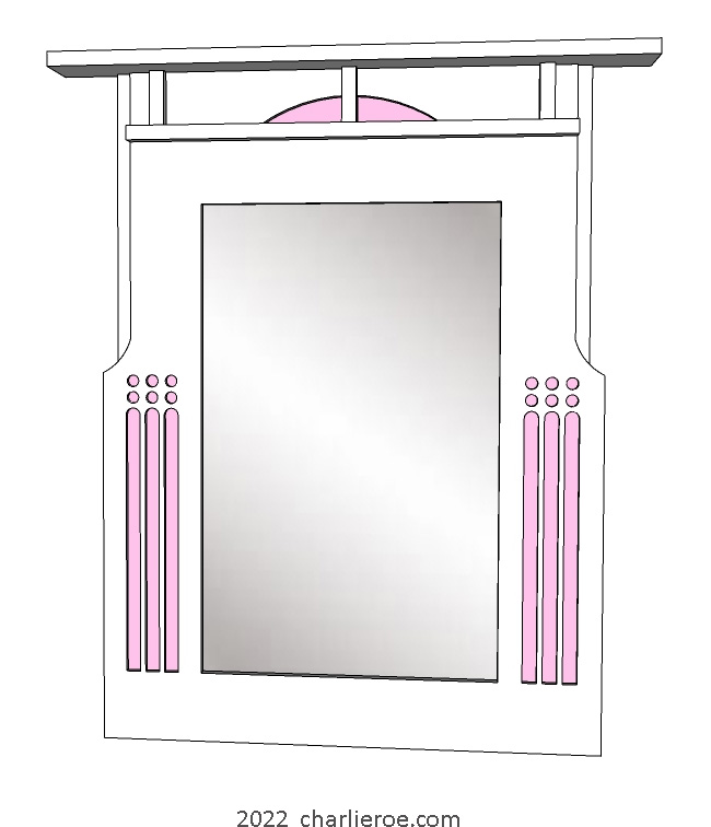 New Charles Rennie CR Mackintosh white painted lacquered wooden wall Mirror with pink details