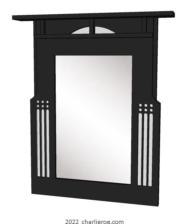 New Charles Rennie CR Mackintosh black painted lacquered wooden wall mirror with white details, inspired by Queens Cross Church sign