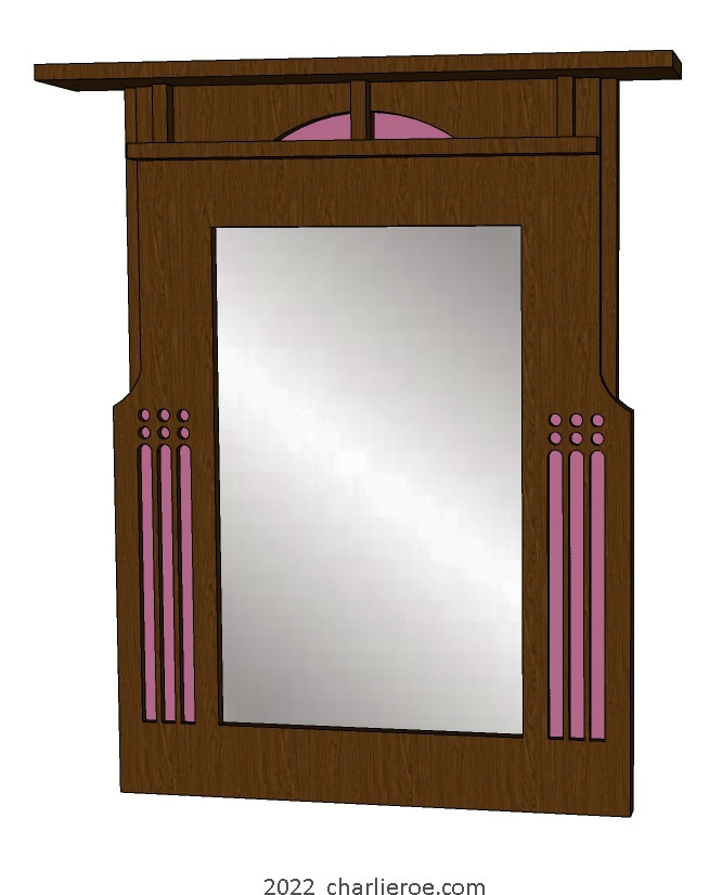 New Charles Rennie CR Mackintosh dark stained wood wall mirror with pink painted details
