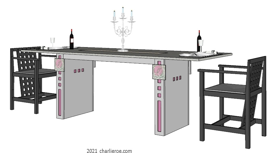 New Charles Rennie CR Mackintosh dining table with square insets in the legs and grey painted lacquered and 2 black back chairs