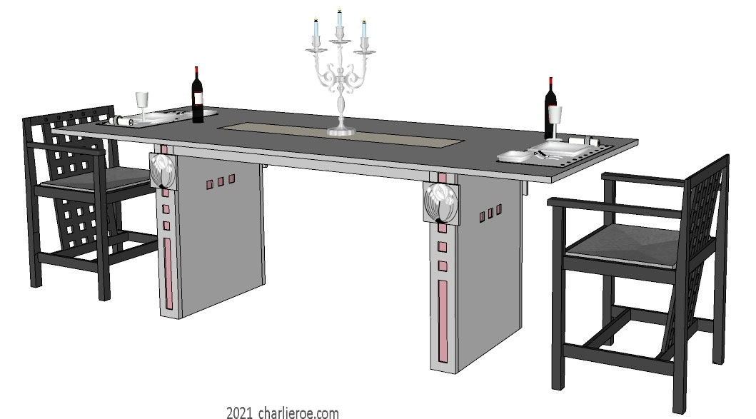 New Charles Rennie CR Mackintosh dining table with square insets in the legs and grey painted lacquered and 2 black back chairs