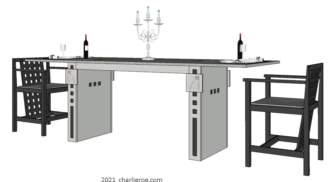 New Charles Rennie CR Mackintosh dining table with square insets in the legs and grey painted lacquered and 2 black back chairs