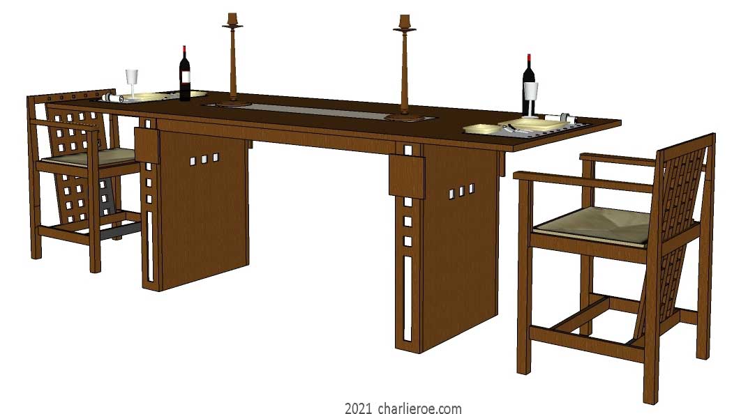 New Charles Rennie CR Mackintosh dining table with square insets in the legs with a dark wood finish and 2 black back chairs