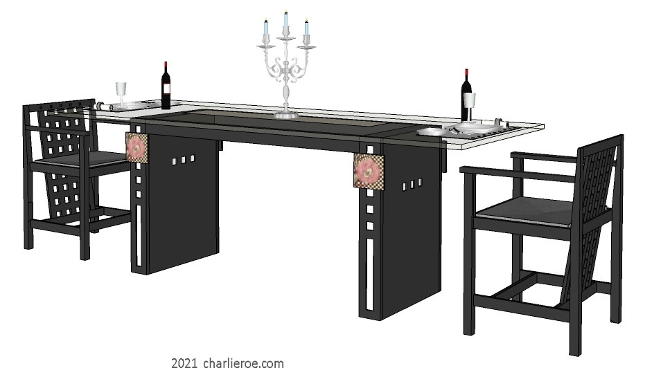 New Charles Rennie CR Mackintosh dining table with square insets in the legs and black painted lacquered