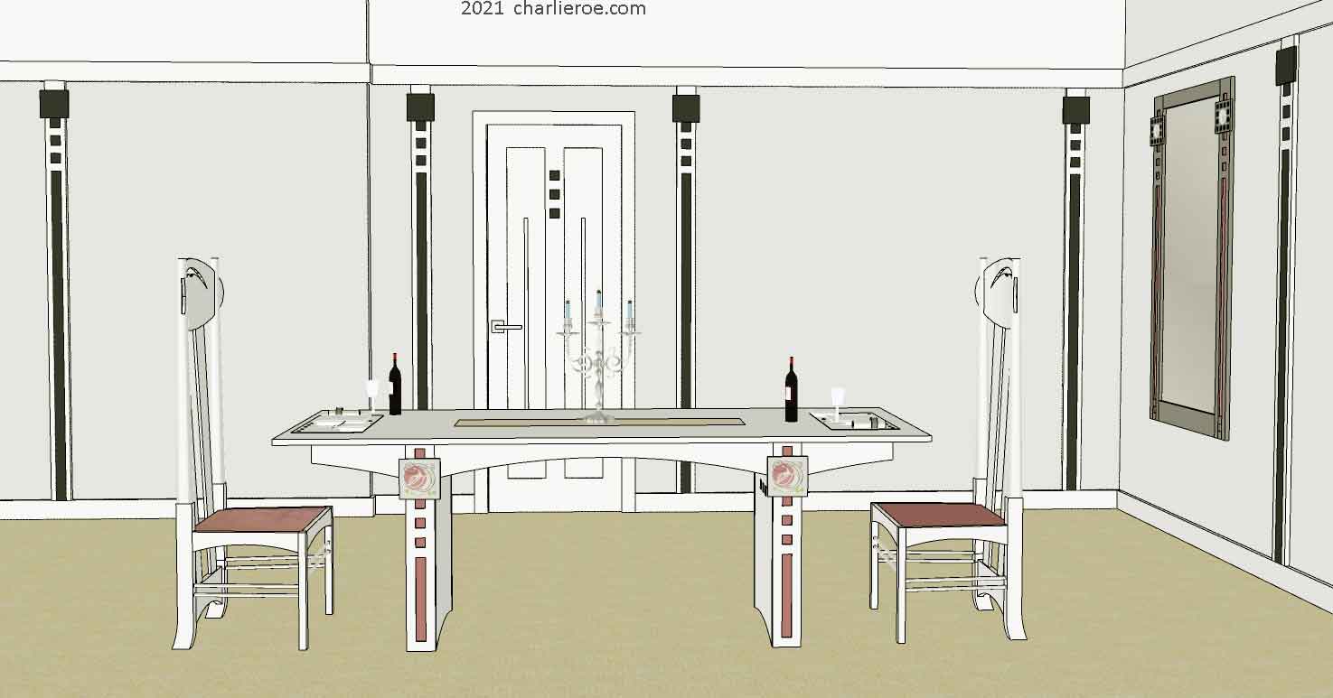 New Charles Rennie CR Mackintosh dining table with square insets in the legs and white painted lacquered and 2 white high ladder back chairs