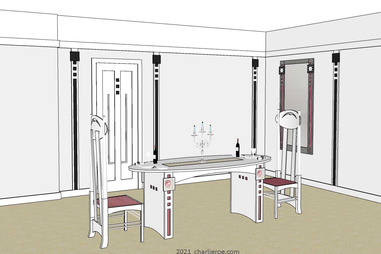 New Charles Rennie CR Mackintosh dining table white painted lacquered with square insets in the legs & oval table top