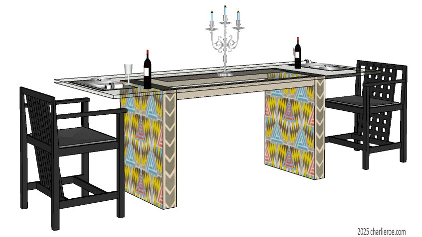 New Charles Rennie CR Mackintosh dining table with Derngate style ornate decorative painted table supports with glass table top