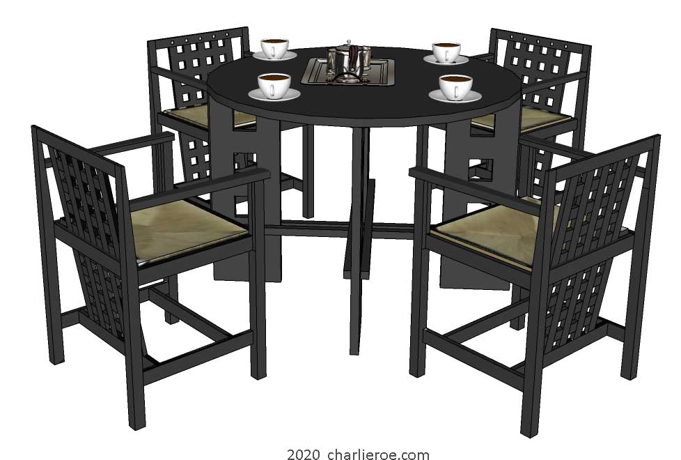 New Charles Rennie CR Mackintosh breakfast table with square leg cut-outs and black & white painted lacquered & 2 matching dining chairs