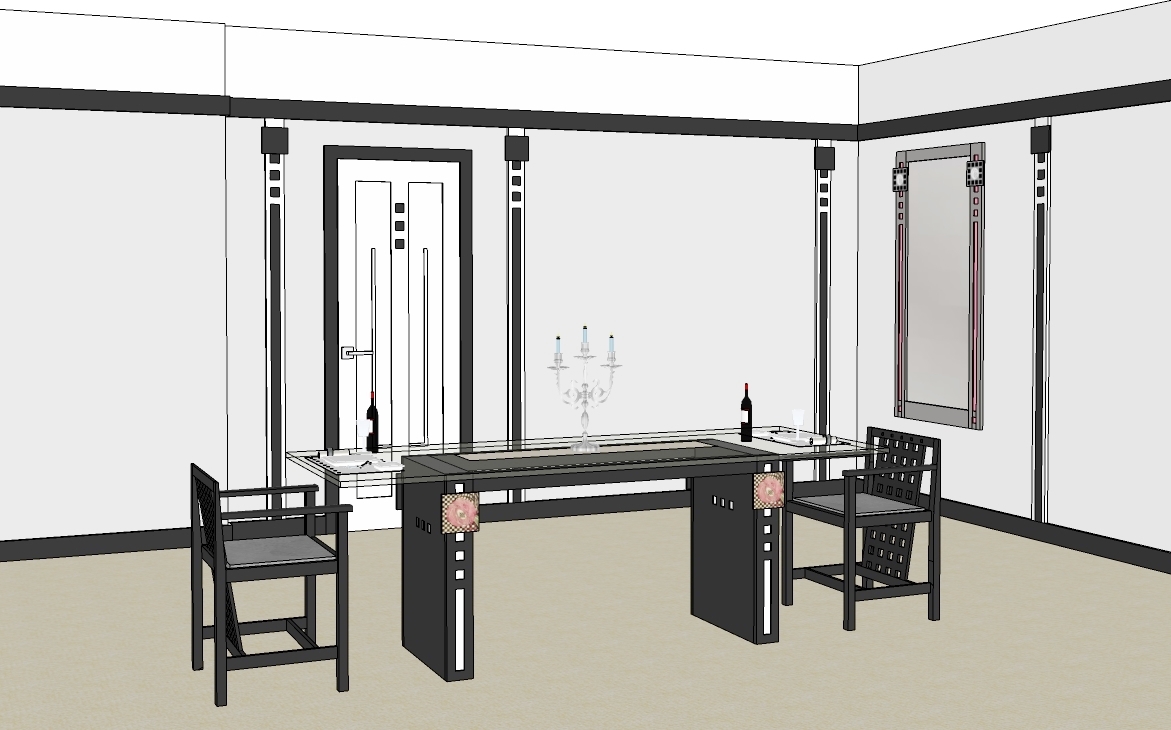 new Charles Rennie CR Mackintosh style black painted wall panelling and matching dining table & chairs