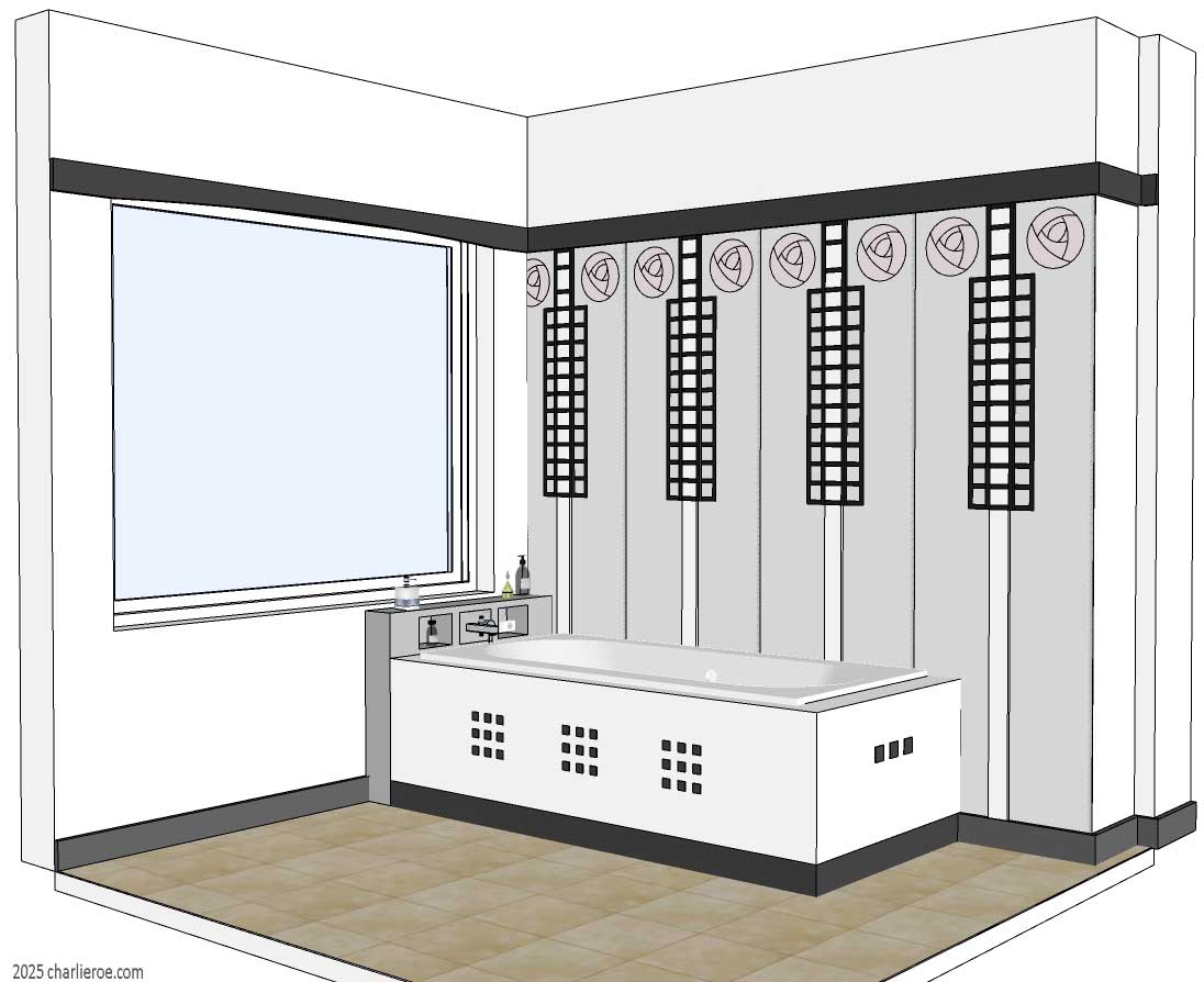 new Charles Rennie CR Mackintosh Willow Tea Room style painted wall treatment & wall stencils used for a bathroom