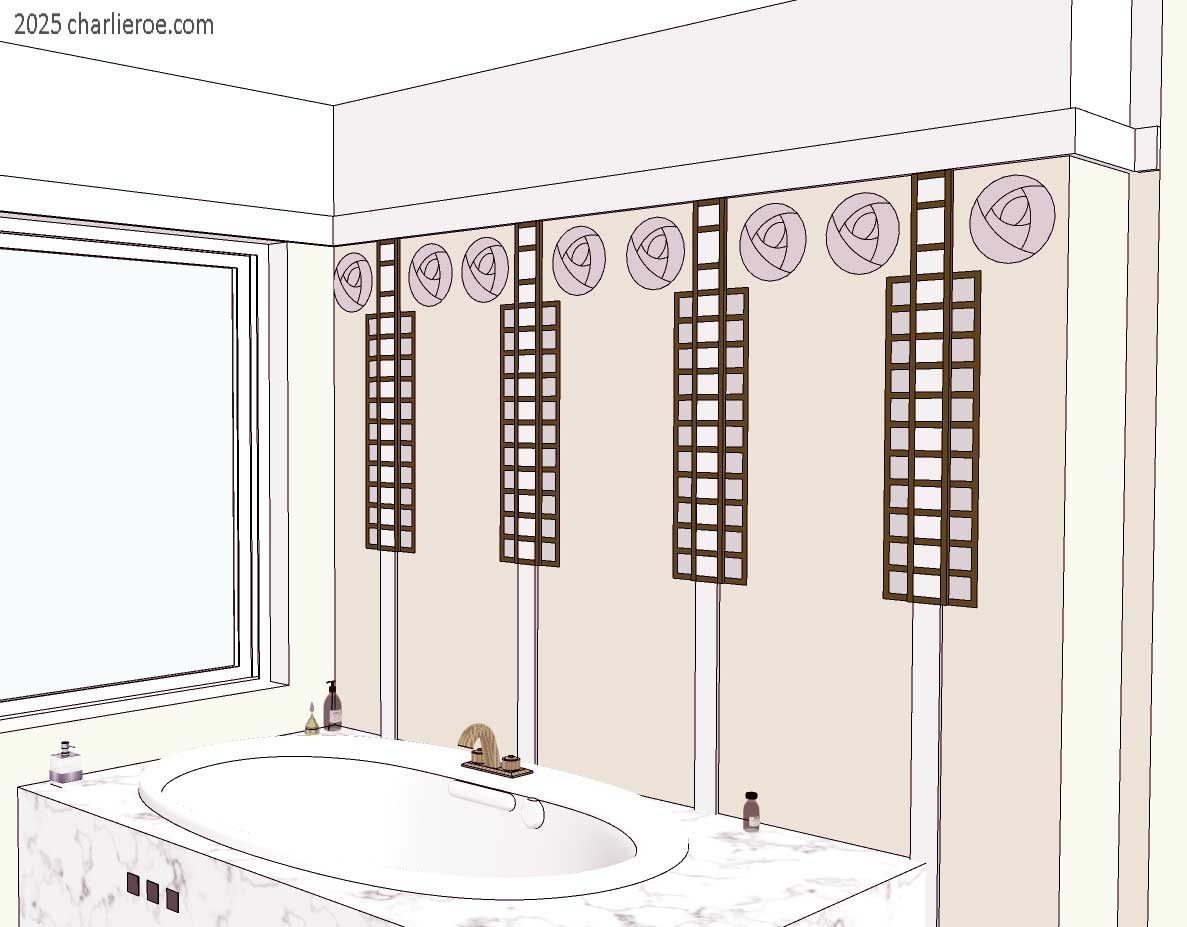 new Charles Rennie CR Mackintosh Willow Tea Room style painted wall treatment & wall stencils used for a bathroom