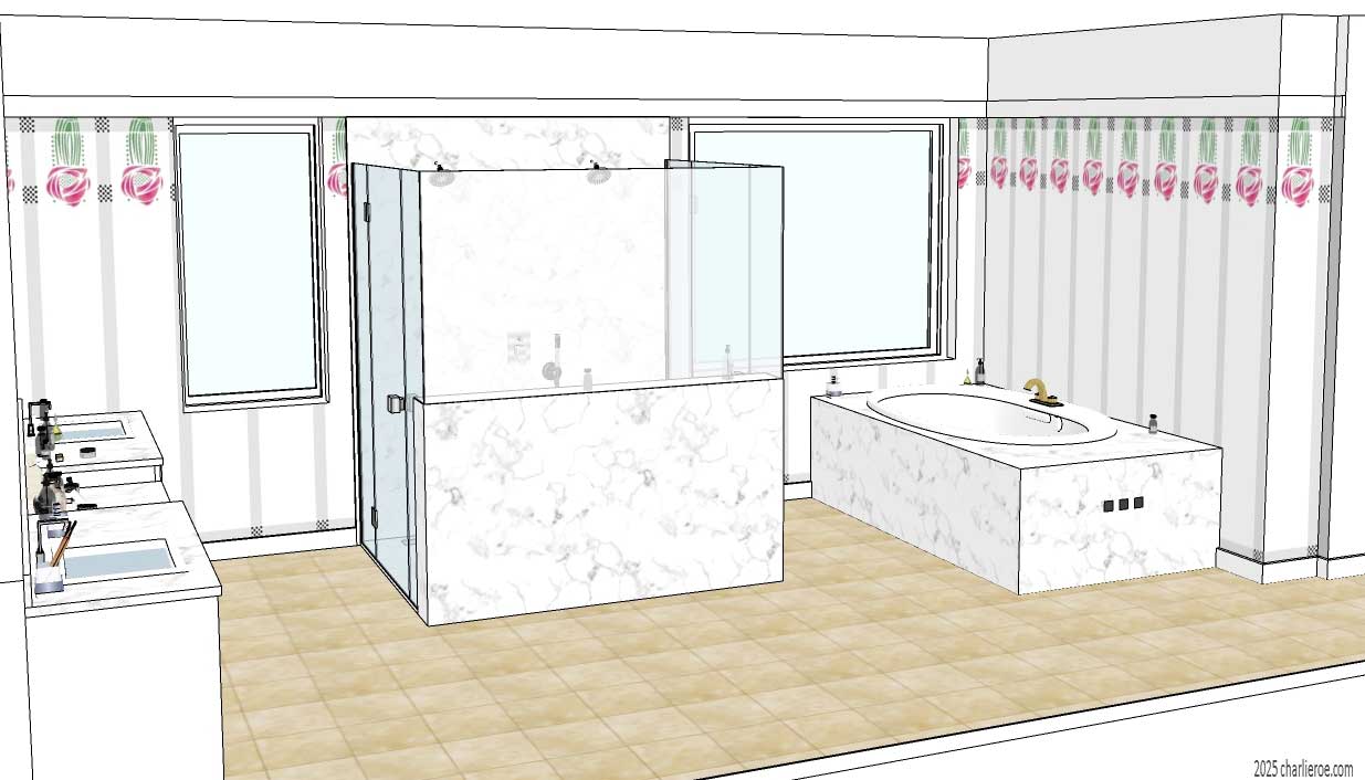 new Charles Rennie CR Mackintosh Hill House style painted wall treatment & wall stencils used in a bathroom