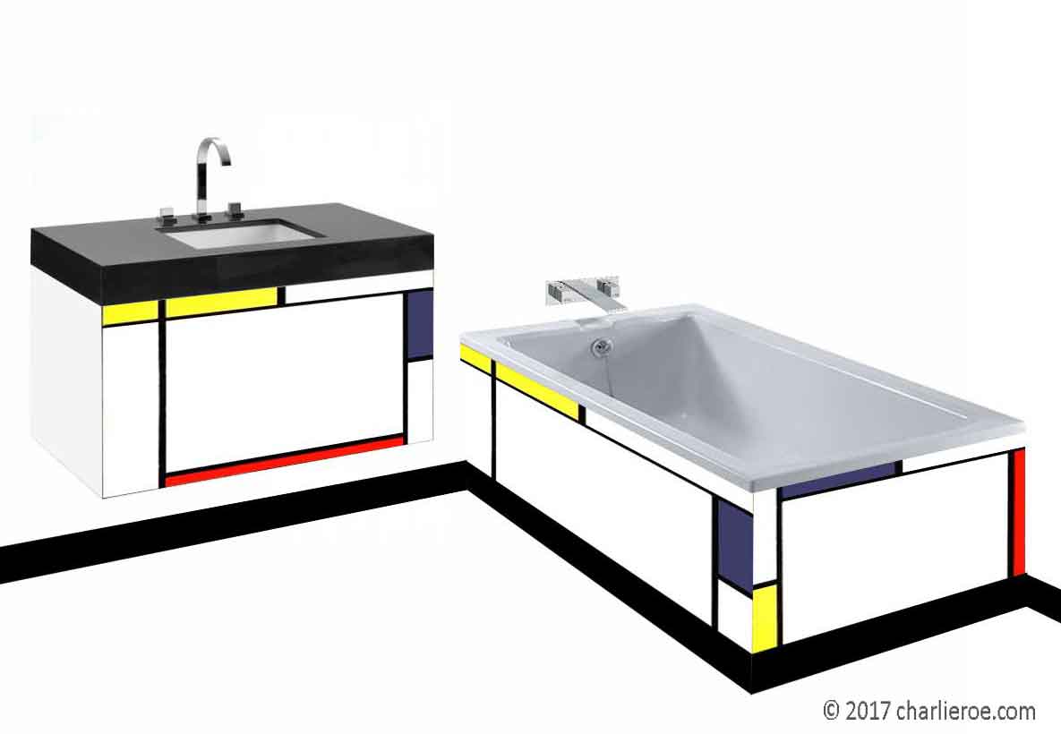 Piet Mondrian De Stijl style painted wall hung vanity unit & mirror wall unit & bath panel & radiator bathroom interior