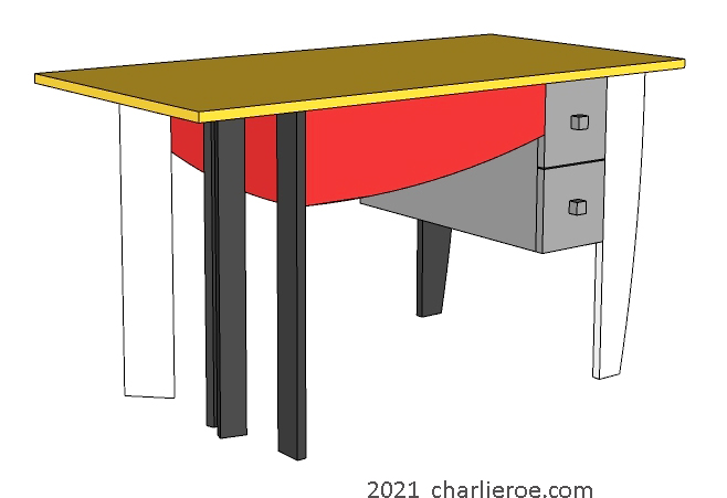 New De Stijl Movement style desk design in typical painted colours with 1-3 drawers