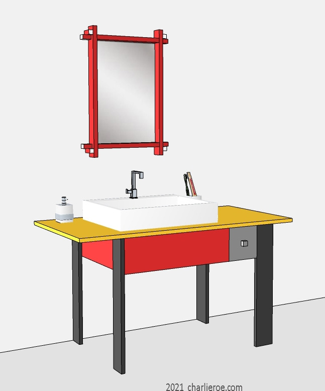 New De Stijl Movement style vanity unit table stand painted in typical De Stijl colours with drawer(s)