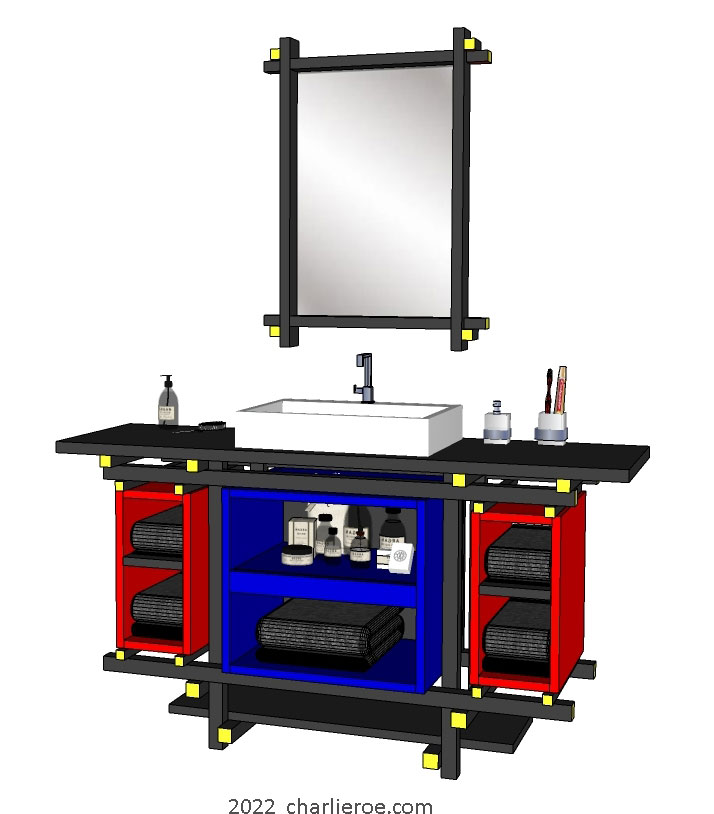 New Gerrit Rietveld De Stijl Movement Piet Mondrian style vanity unit painted in De Stijl colours with piet mondrian door design