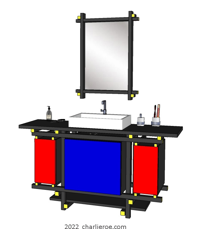 New Gerrit Rietveld De Stijl Movement Piet Mondrian style vanity unit painted in De Stijl colours with piet mondrian door design
