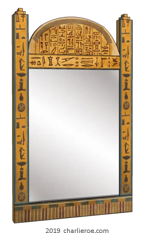 New ancient Egyptian Revival style painted bathroom mirror with typical painted Egyptian heiroglyphs