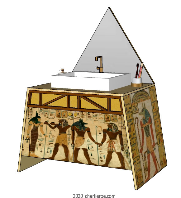 New ancient Egyptian Revival style painted bathroom vanity unit with pyramid mirror & typical painted Egyptian figures and heiroglyphs