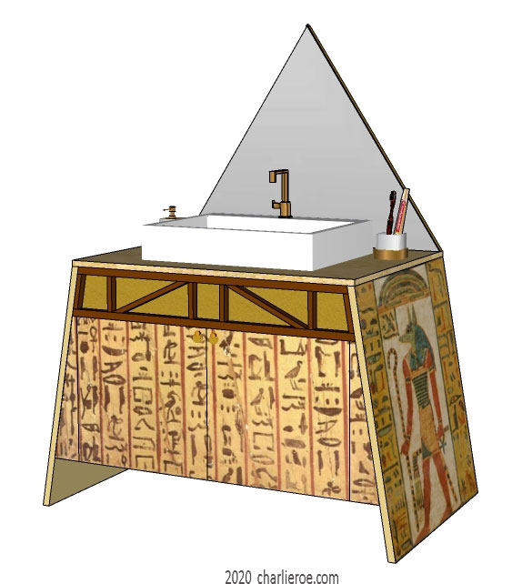 New ancient Egyptian Revival style painted bathroom vanity unit with pyramid mirror & typical painted Egyptian figures and heiroglyphs