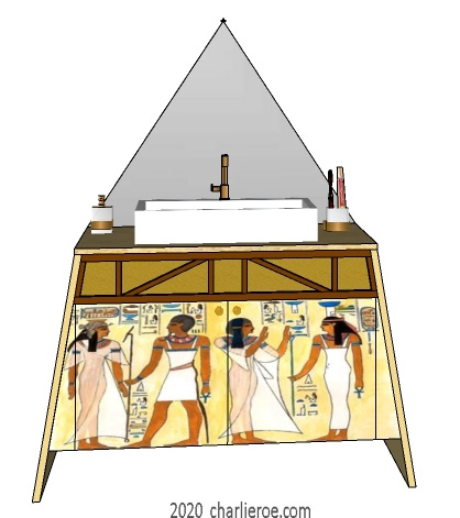 New ancient Egyptian Revival style painted bathroom vanity unit with pyramid mirror & typical painted Egyptian figures and heiroglyphs