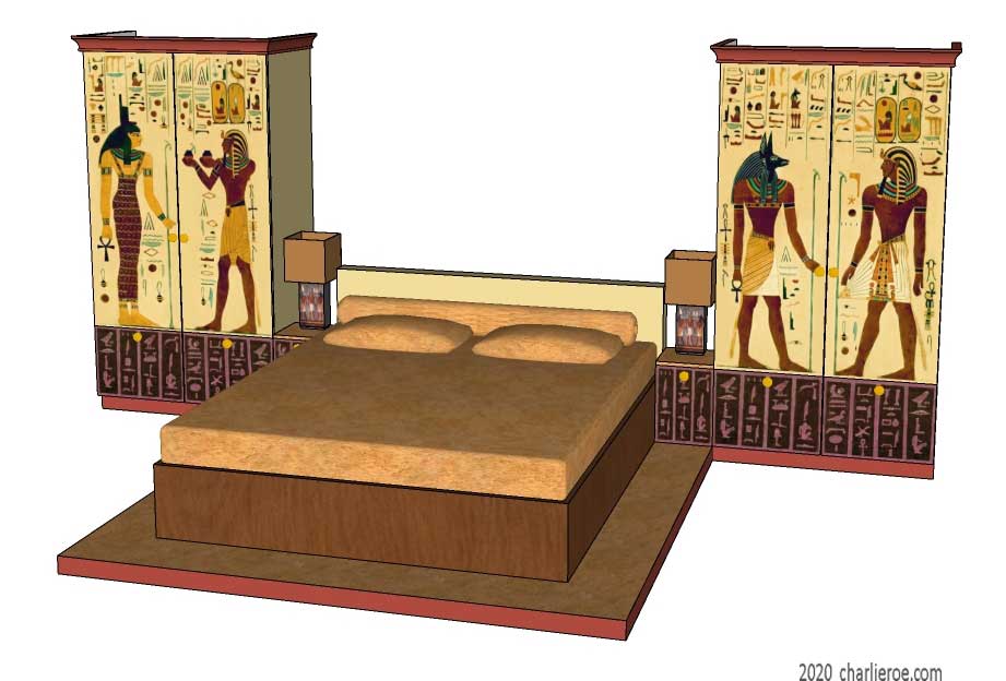 New Egyptian Revival style painted large bed and two double door bedroom wardrobes with decorative Egyptian painting
