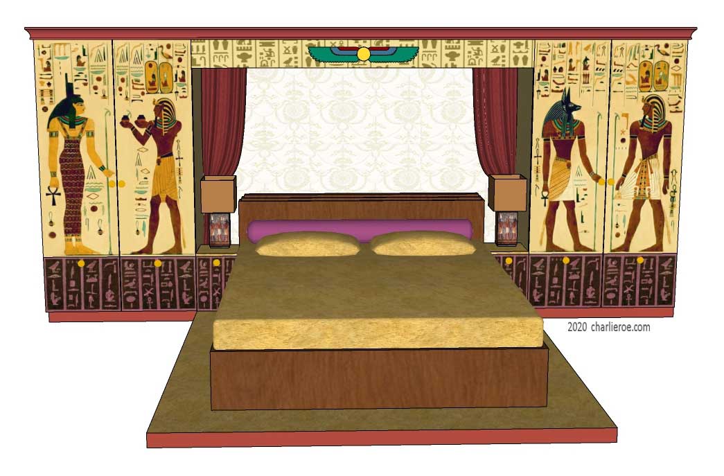 New Egyptian Revival style painted large bed and two double door bedroom wardrobes with decorative Egyptian painting
