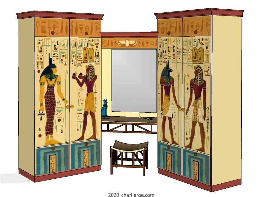 New Egyptian Revival style painted bedroom wardrobes with dressing table in the middle & decorative Egyptian painting