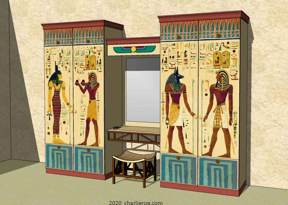 New Egyptian Revival style painted 4 door bedroom wardrobes with decorative Egyptian painting