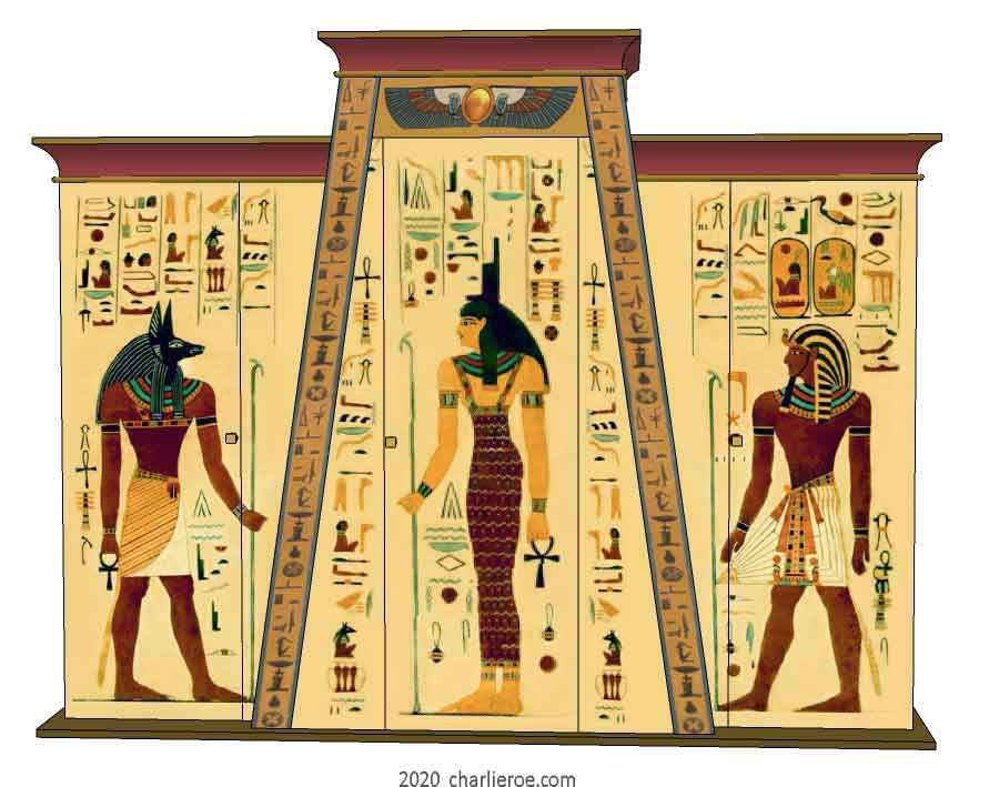 New Egyptian Revival style painted 4 door bedroom wardrobes with decorative Egyptian painting
