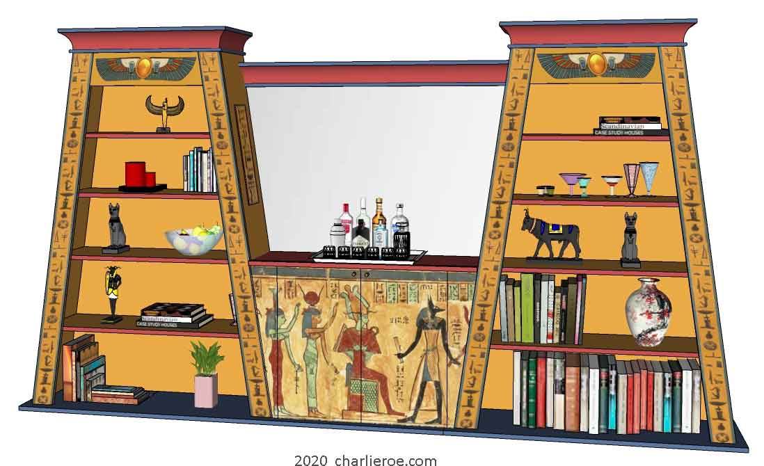 new ancient Egyptian Revival style Pylon shaped painted bookcase display cabinet drinks cabinet or home office shelving unit with decorative Egyptian designs