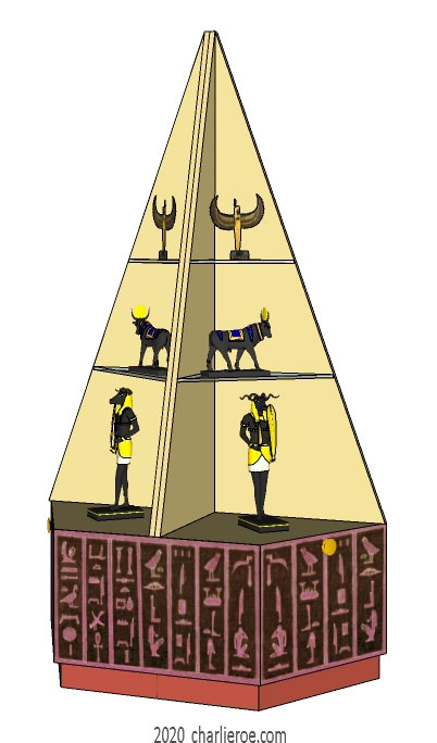 new ancient Egyptian Revival style pyramid shaped painted display cabinet bookcase cupboard shelving unit with decorative Egyptian designs