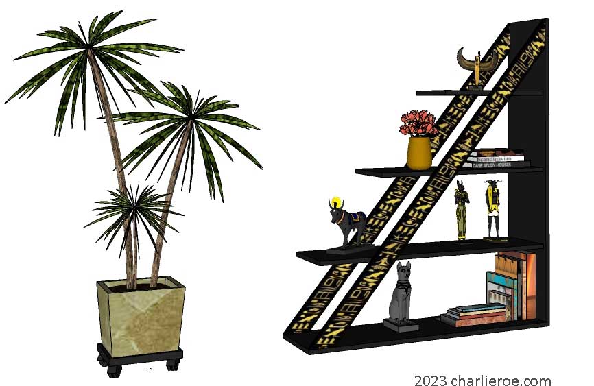 new ancient Egyptian Revival style pyramid shaped painted black display bookcase shelving unit with decorative Egyptian Heiroglyph designs