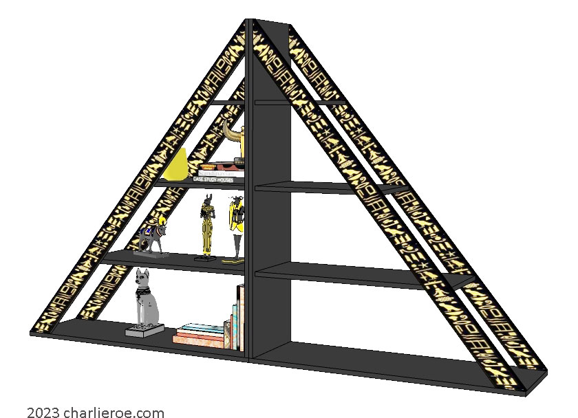new ancient Egyptian Revival style pyramid shaped painted black & Gold A-frame display bookcase shelving unit with decorative Egyptian Heiroglyph designs