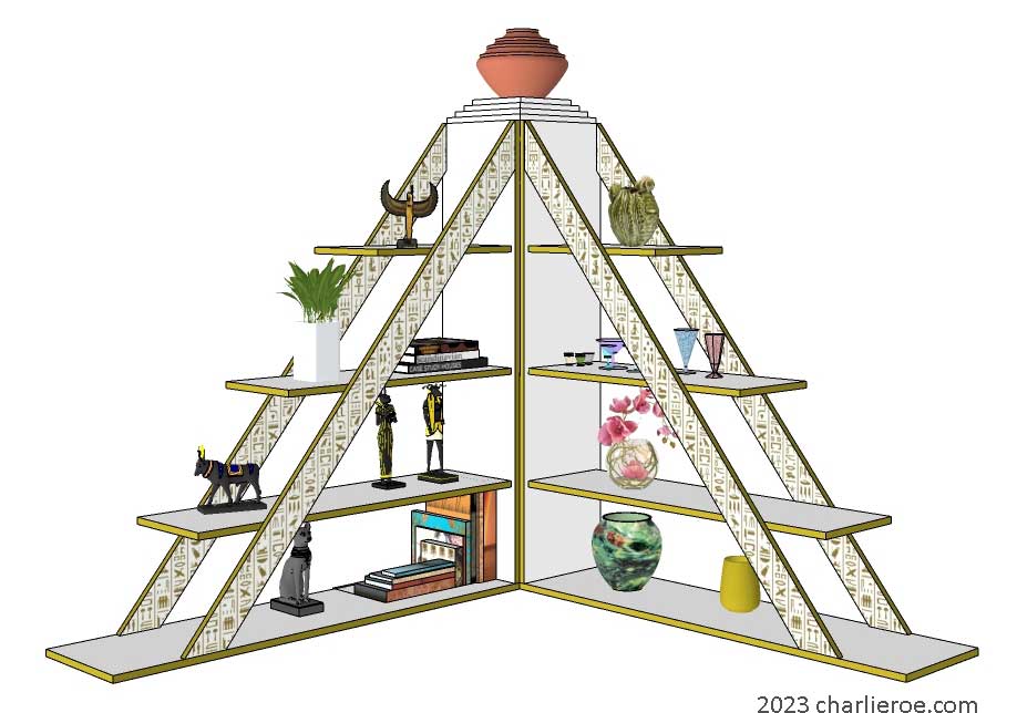 new ancient Egyptian Revival style pyramid shaped corner display bookcase shelving unit painted white & gold with decorative Egyptian Heiroglyph designs