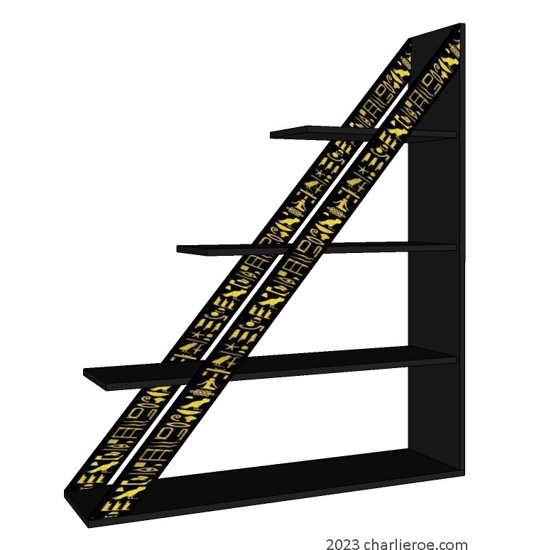 new ancient Egyptian Revival style pyramid shaped painted black display bookcase shelving unit with decorative Egyptian Heiroglyph designs