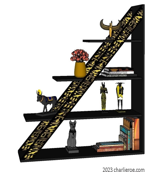 new ancient Egyptian Revival style pyramid shaped painted black display bookcase shelving unit with decorative Egyptian Heiroglyph designs